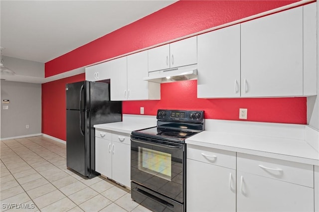 kitchen with white cabinetry, light tile patterned floors, and black appliances