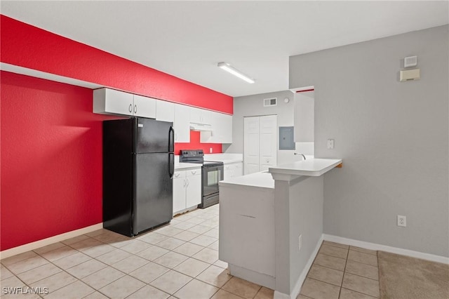 kitchen featuring white cabinetry, light tile patterned floors, electric panel, kitchen peninsula, and black appliances