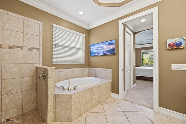 full bathroom with tile patterned floors, crown molding, ensuite bathroom, and a bath