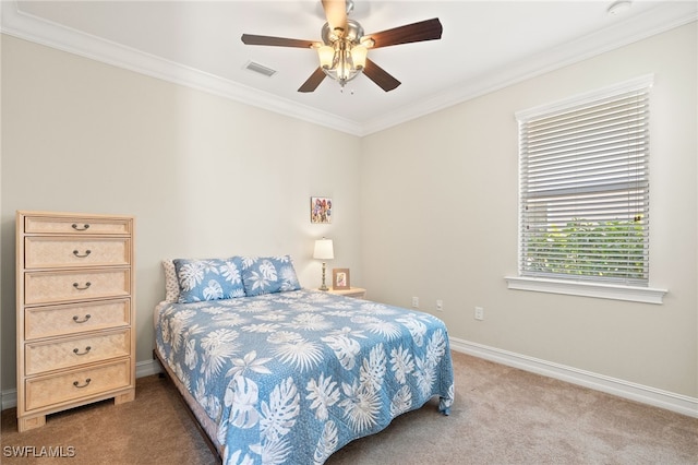 bedroom with baseboards, visible vents, a ceiling fan, ornamental molding, and carpet floors