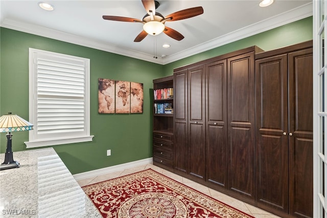 office area featuring light tile patterned floors, ornamental molding, recessed lighting, and baseboards