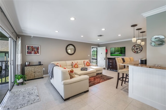 tiled living room featuring crown molding