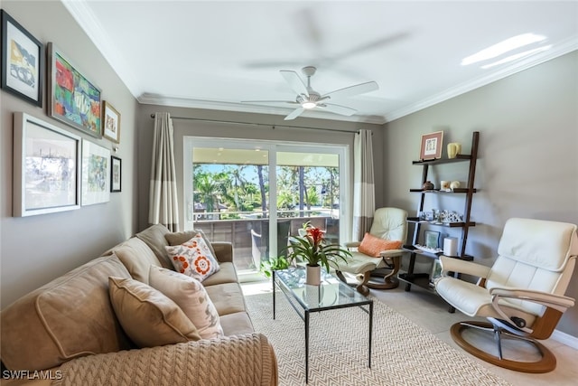 living room with crown molding and ceiling fan