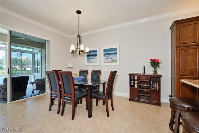 tiled dining space with crown molding and a notable chandelier