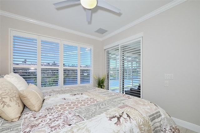 bedroom featuring access to exterior, crown molding, and ceiling fan