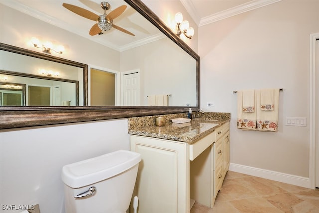 bathroom featuring crown molding, ceiling fan, and vanity