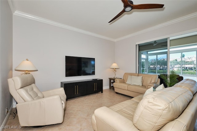 tiled living room featuring crown molding and ceiling fan