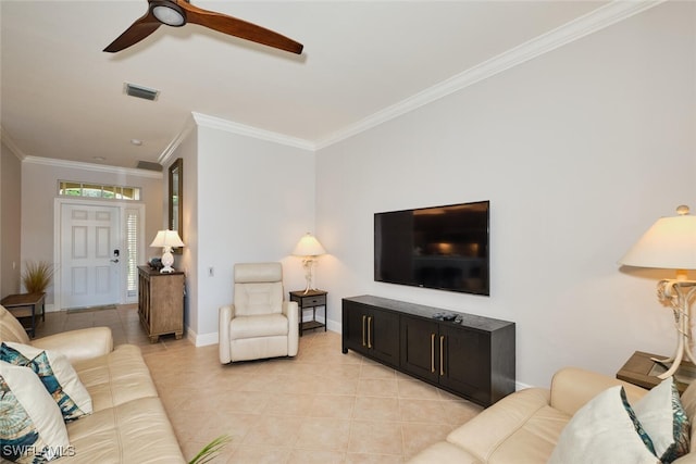 tiled living room featuring ornamental molding and ceiling fan