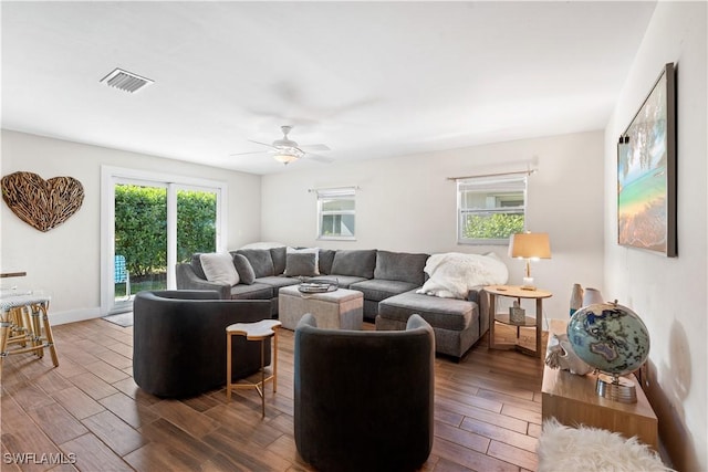 living room with ceiling fan