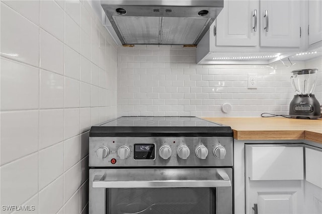 kitchen featuring white cabinetry, stainless steel electric stove, ventilation hood, and tasteful backsplash