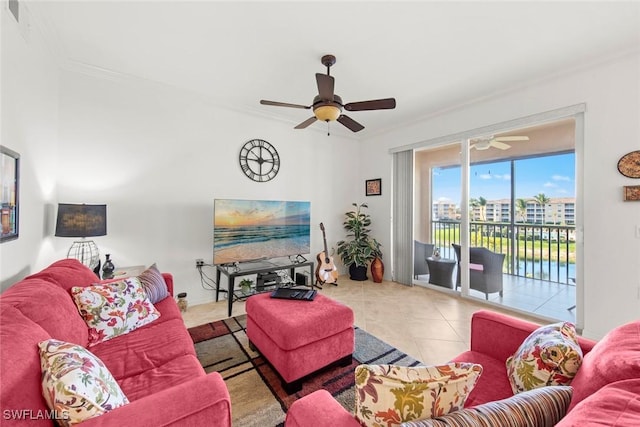 living room featuring ceiling fan and light tile patterned flooring