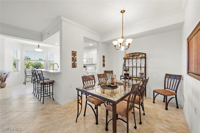 tiled dining space with ornamental molding and a notable chandelier