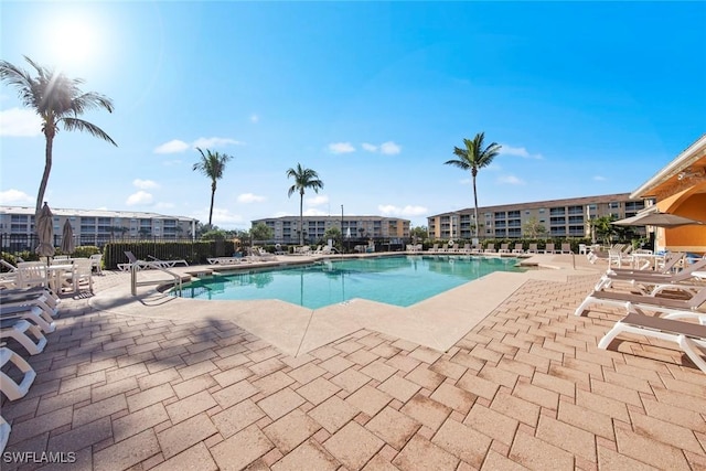 view of swimming pool with a patio