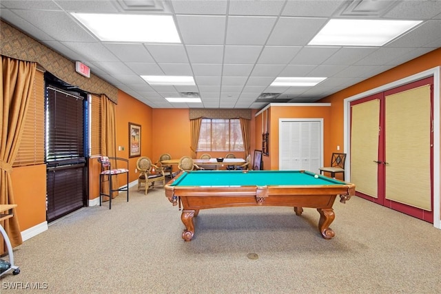 game room with pool table, a paneled ceiling, and carpet flooring