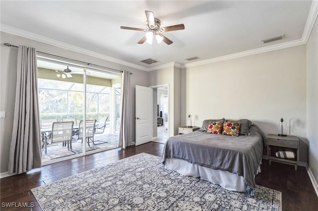 bedroom featuring ornamental molding, dark wood-type flooring, access to outside, and ceiling fan