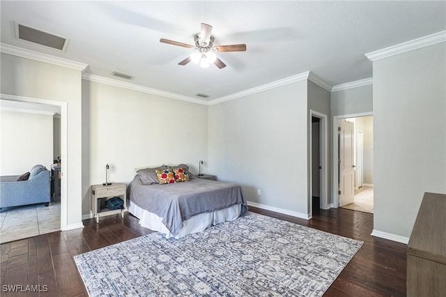 bedroom with crown molding, dark wood-type flooring, and ceiling fan