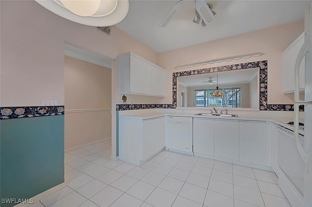 kitchen featuring white dishwasher, ceiling fan, white cabinetry, and electric stove