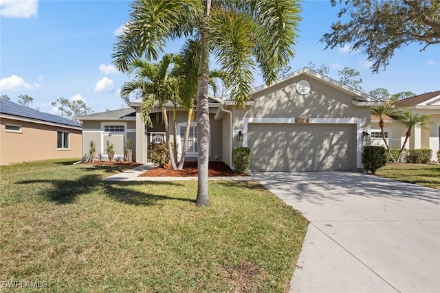 single story home featuring a garage and a front yard