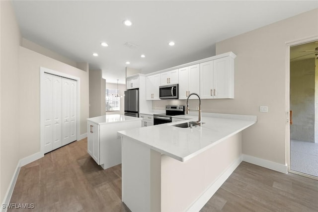 kitchen featuring appliances with stainless steel finishes, a center island, white cabinets, and kitchen peninsula