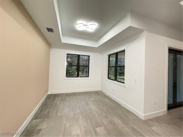 empty room with a raised ceiling and light wood-type flooring