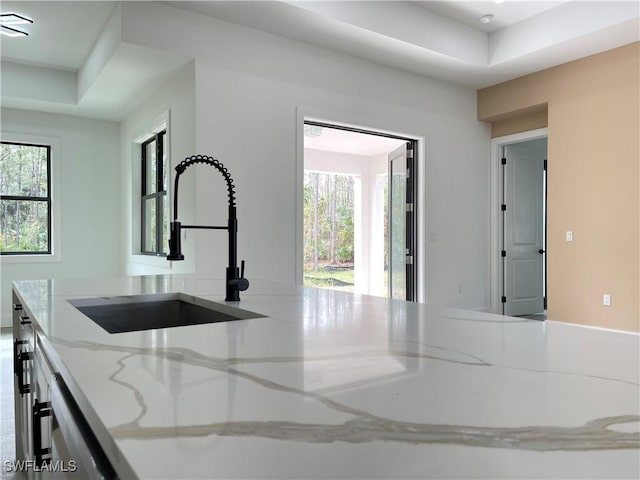 kitchen with light stone countertops, sink, a wealth of natural light, and a tray ceiling