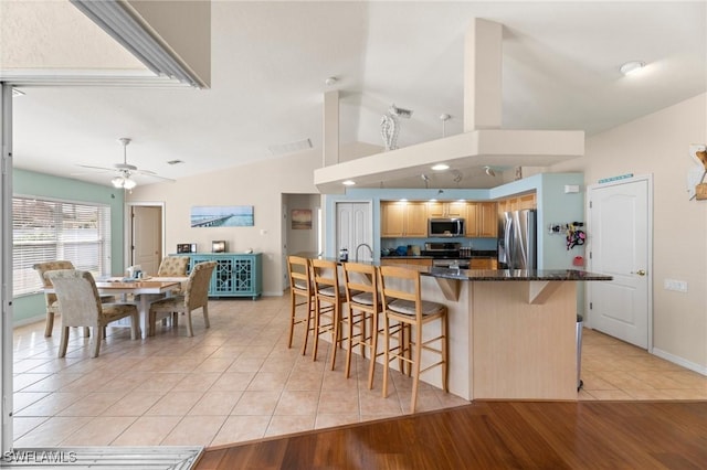 kitchen with lofted ceiling, ceiling fan, appliances with stainless steel finishes, a kitchen bar, and light tile patterned flooring