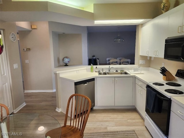 kitchen with sink, white cabinetry, range with electric stovetop, stainless steel dishwasher, and kitchen peninsula