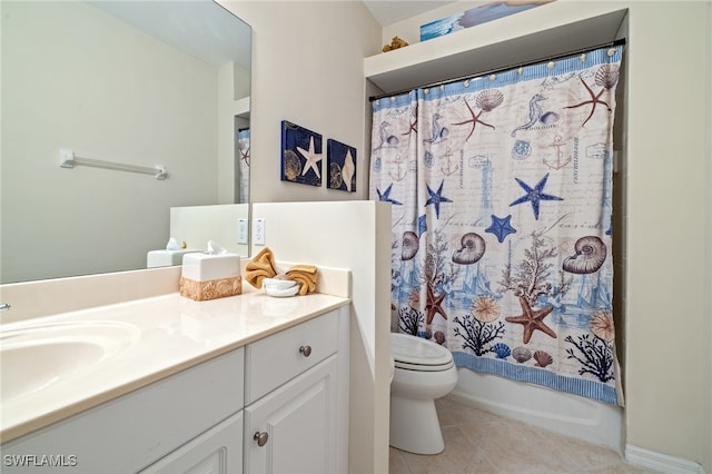 full bathroom featuring shower / bathtub combination with curtain, tile patterned floors, vanity, and toilet