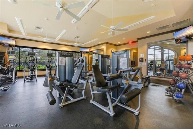 workout area with plenty of natural light and ceiling fan