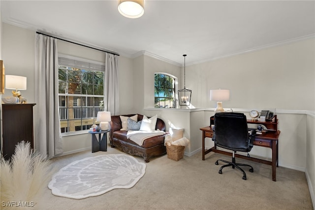 office with crown molding, carpet floors, and a notable chandelier