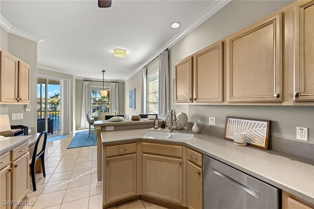 kitchen featuring light brown cabinetry, sink, decorative light fixtures, light tile patterned floors, and dishwasher