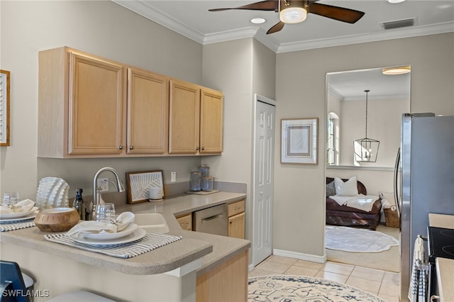 kitchen featuring sink, light tile patterned floors, stainless steel appliances, light brown cabinetry, and kitchen peninsula