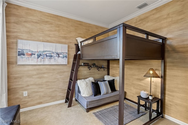 bedroom featuring crown molding and carpet flooring