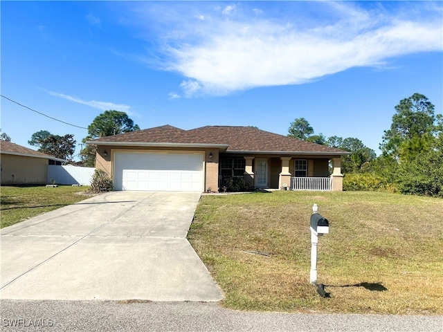 single story home with a porch, a garage, and a front lawn