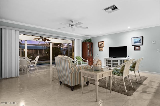 tiled living room with crown molding and ceiling fan