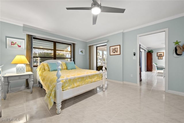 bedroom with crown molding and ceiling fan