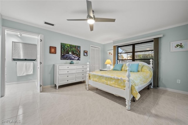 bedroom featuring crown molding, light tile patterned floors, ceiling fan, and a closet