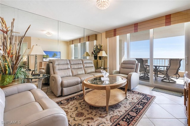 living room featuring light tile patterned flooring