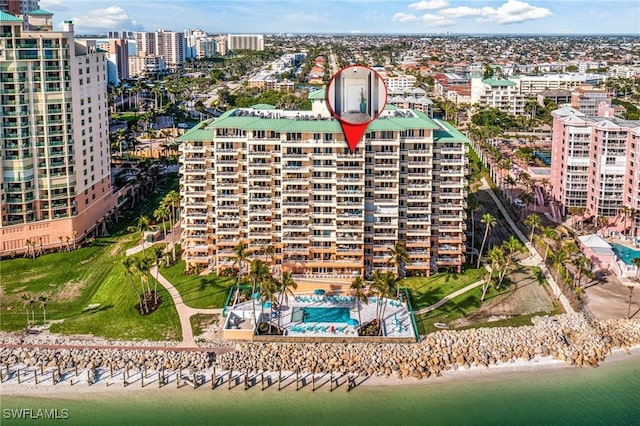 birds eye view of property featuring a water view