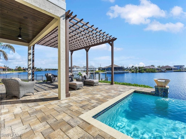 view of swimming pool with a water view, ceiling fan, a pergola, and a patio area