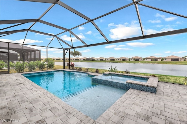 view of pool with a water view, an in ground hot tub, a lanai, and a patio