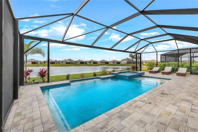 view of swimming pool with a water view, an in ground hot tub, a lanai, and a patio area