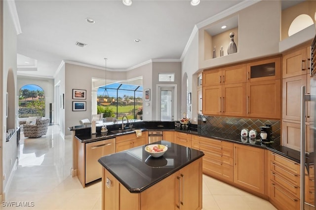 kitchen with sink, dishwasher, tasteful backsplash, ornamental molding, and light tile patterned flooring