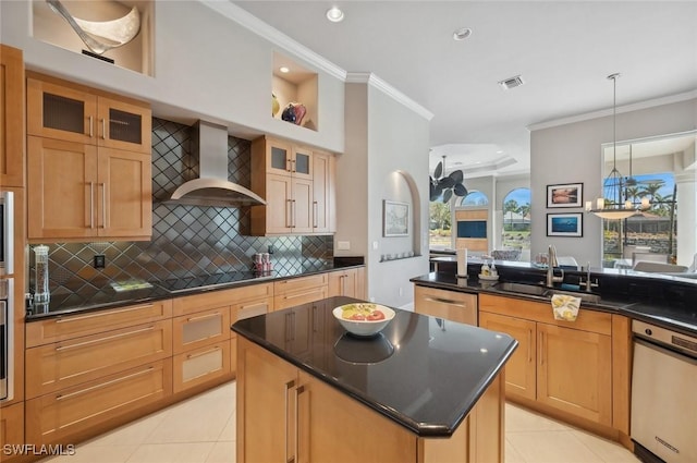 kitchen with wall chimney exhaust hood, sink, hanging light fixtures, dishwasher, and black electric stovetop