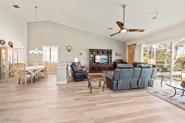 living room with high vaulted ceiling, ceiling fan with notable chandelier, visible vents, baseboards, and light wood finished floors