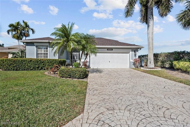 view of front of house with a garage, decorative driveway, a front yard, and stucco siding