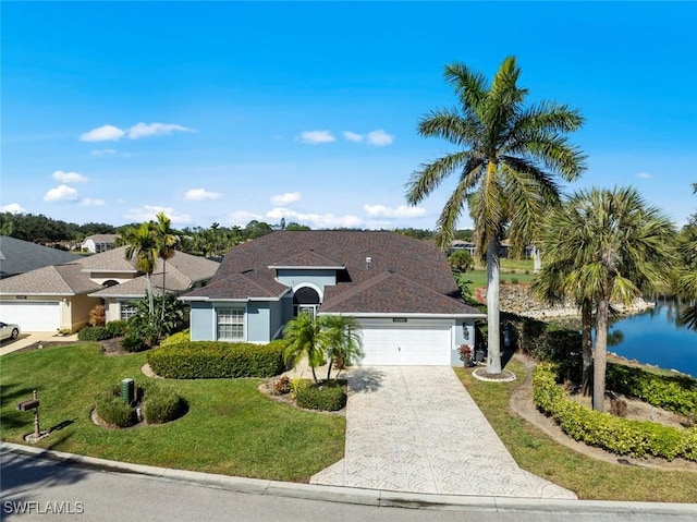 ranch-style home featuring a garage, a front lawn, and a water view