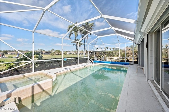 view of pool featuring a lanai, a patio, and an in ground hot tub