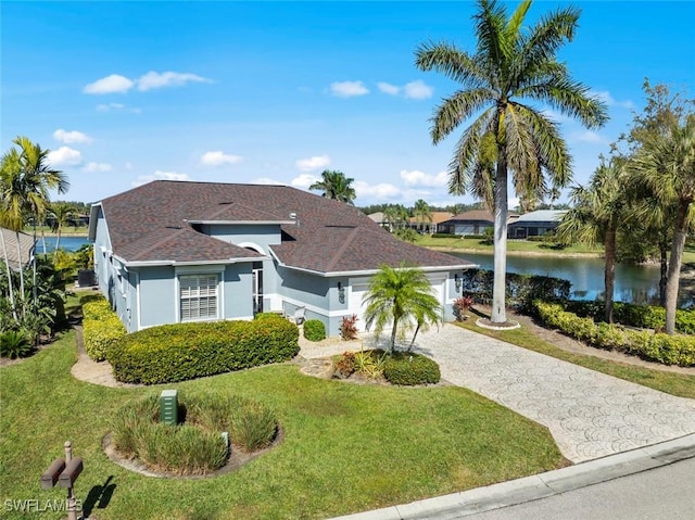 view of front of home featuring decorative driveway, stucco siding, a water view, a front yard, and a garage