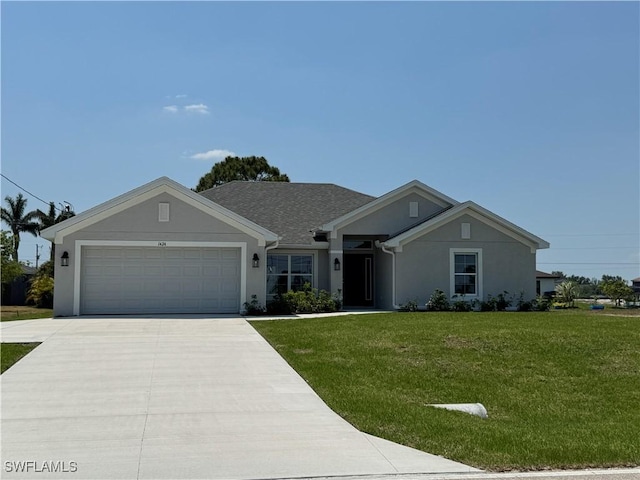 ranch-style home featuring a garage, a front lawn, stucco siding, and driveway